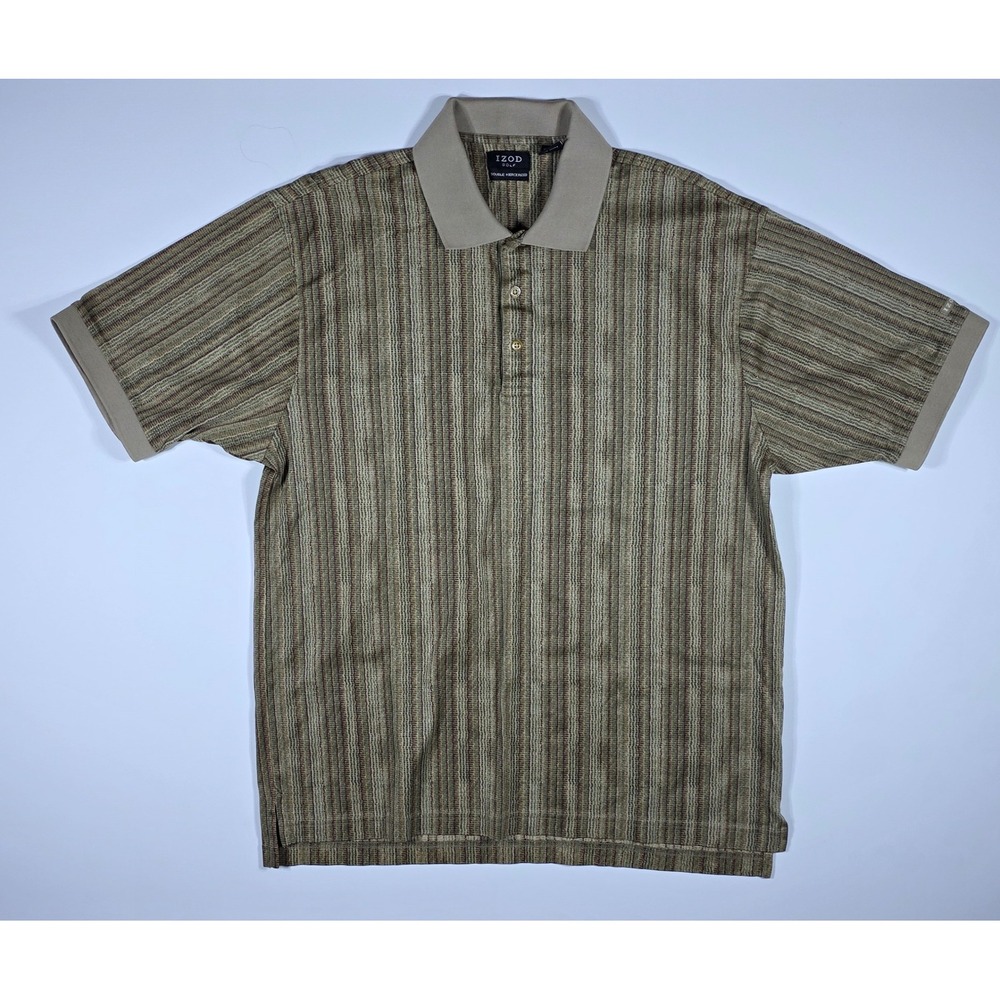 IZOD Golf Men's Large Polo Shirt Double‎ Mercerized Cotton Striped Tan Green